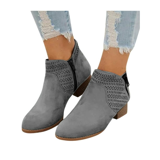 Womens Casual Suede Ankle Boots Mid Chunky Heel Pointed Toe Metal Studded Zipper Short Booties 